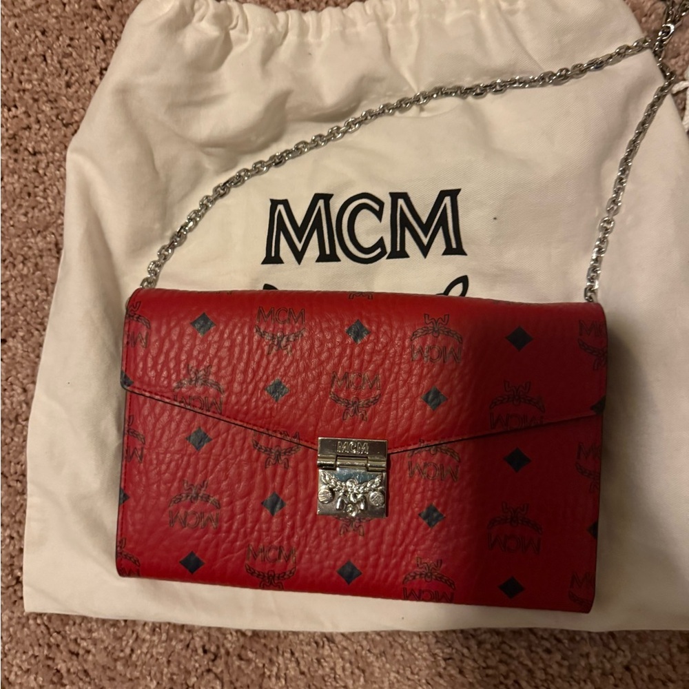 MCM Red Crossbody Bag with Silver Chain